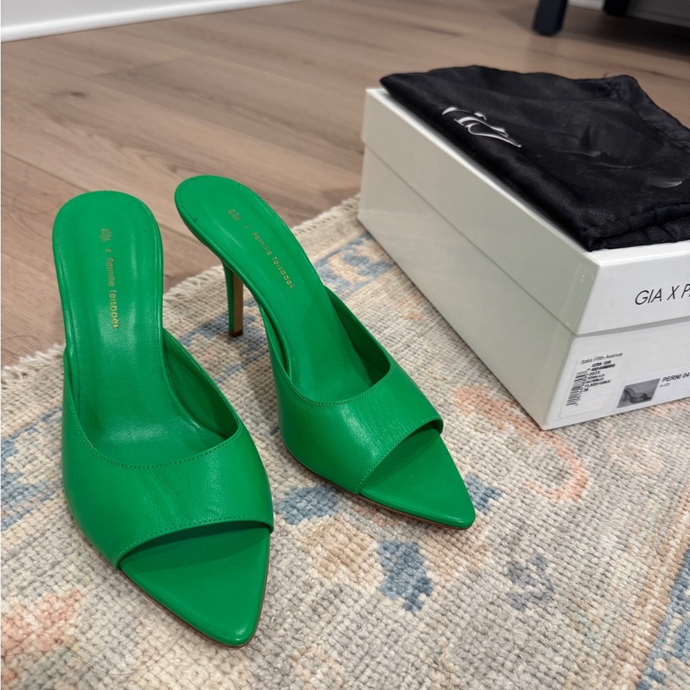 The most comfortable flash green Gia X Pernille mules.